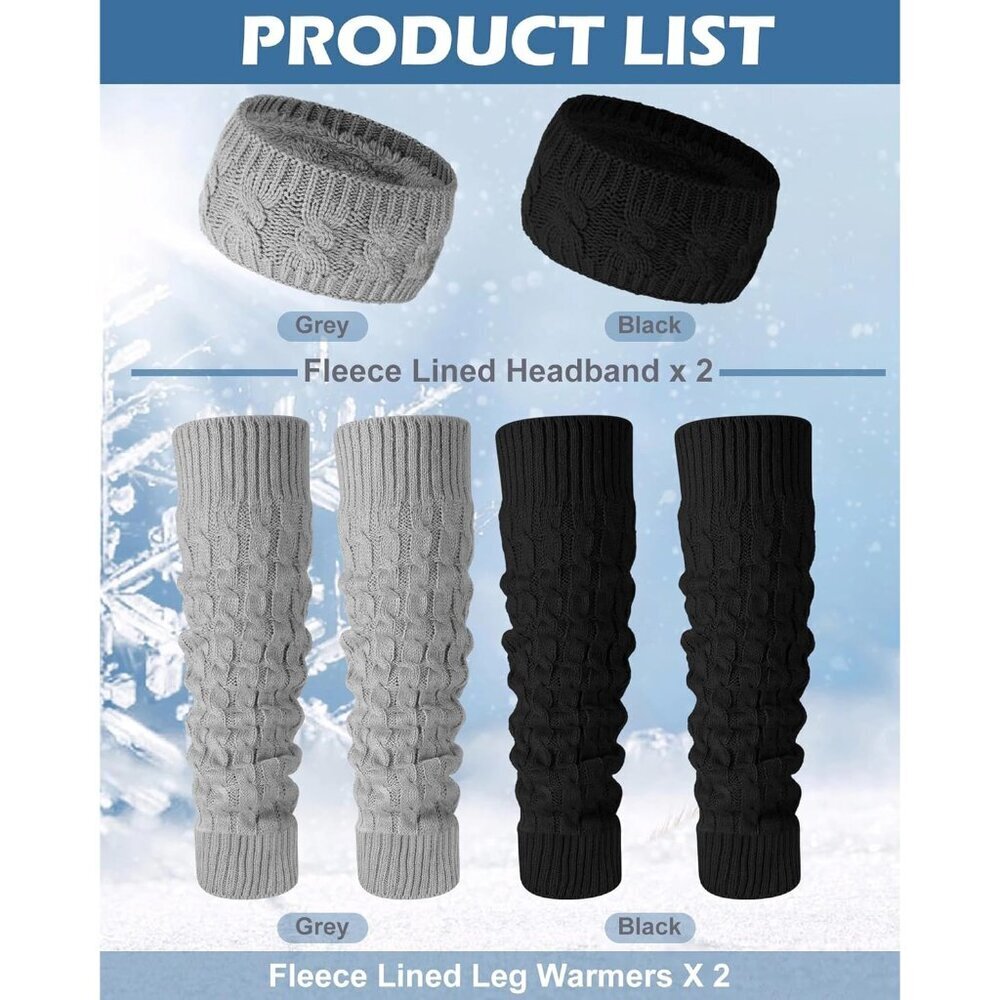 Winter Fleece Leg Warmers and Headband Set Women Girls Knit Black Gray - Picture 2 of 6